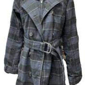COLUMBIA Navy and Black Plaid Hooded Winter Peacoat - Size L